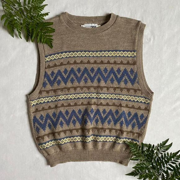 Vintage Jackets & Blazers - Vintage tan & blue sweater vest